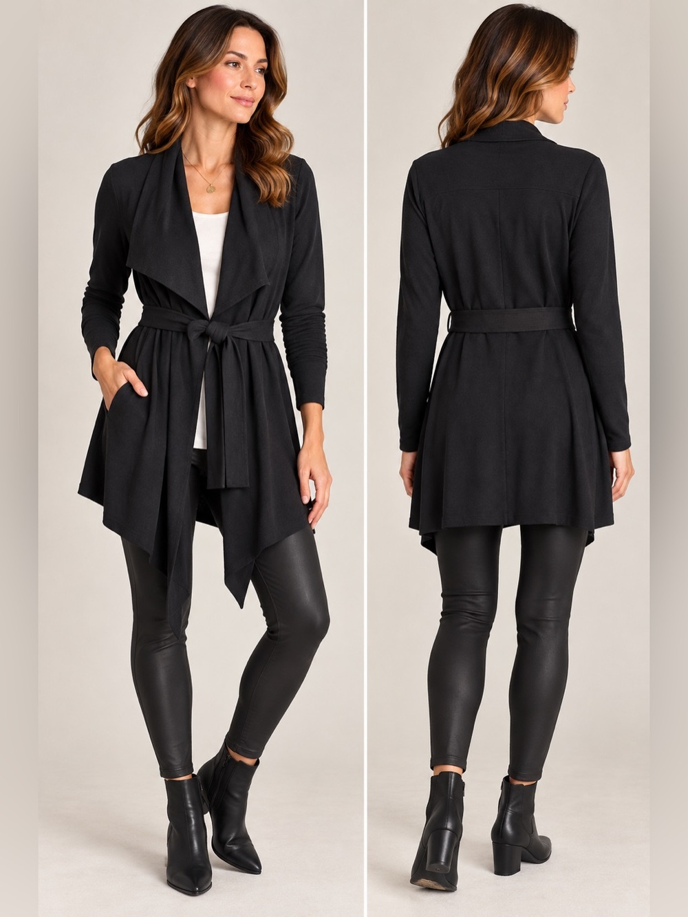 CAbi Take Charge Jacket #956 Black Waterfall Draped Belted Cardigan S